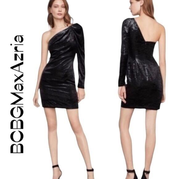 BCBGMaxAzria One Shoulder Metallic Black BodyCon Party‎ Event Dress NWT Size 0 - Picture 1 of 14